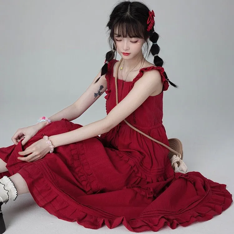 Sweet And Cute Style Red Suspender Dress