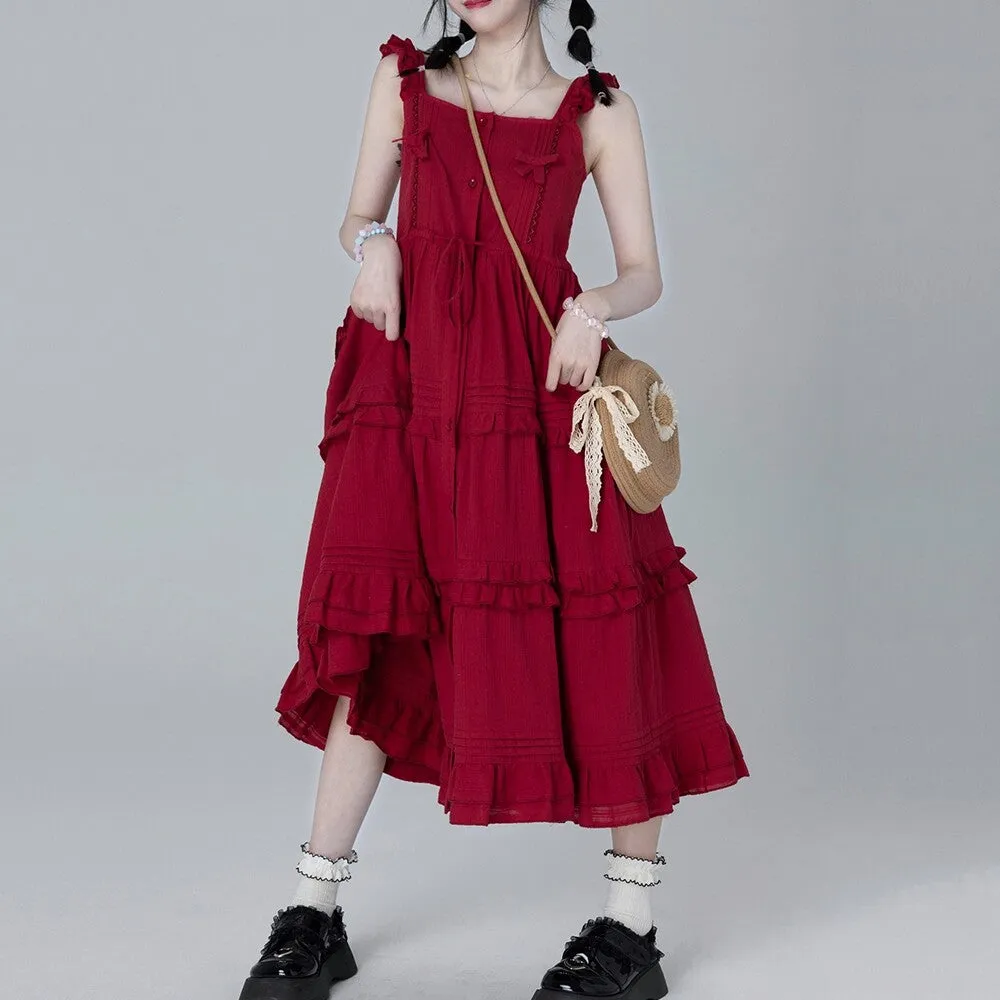 Sweet And Cute Style Red Suspender Dress
