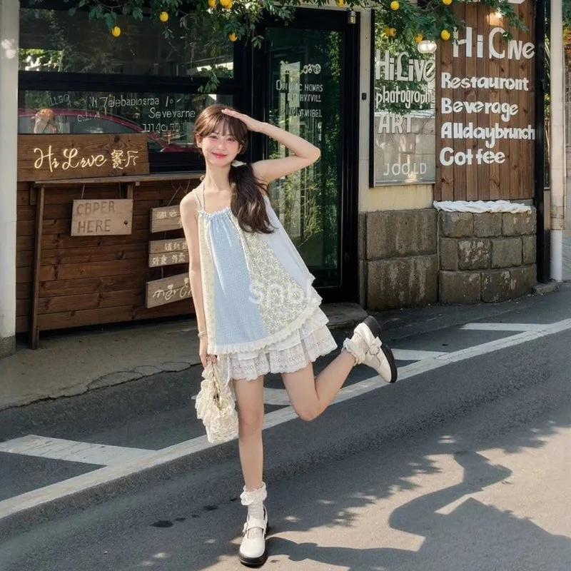 Sweet Girl Style Floral Splicing Suspenders