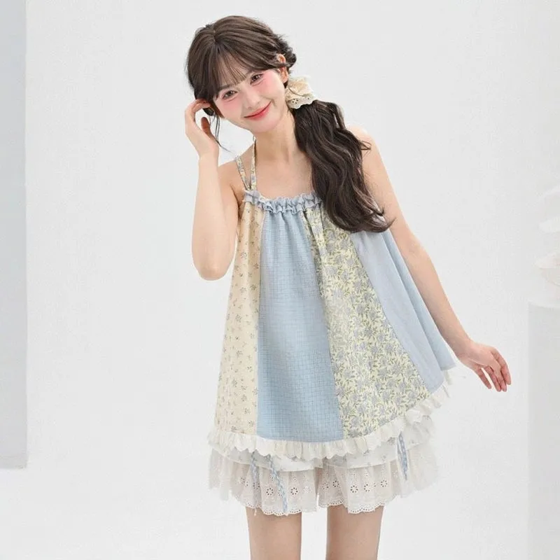 Sweet Girl Style Floral Splicing Suspenders