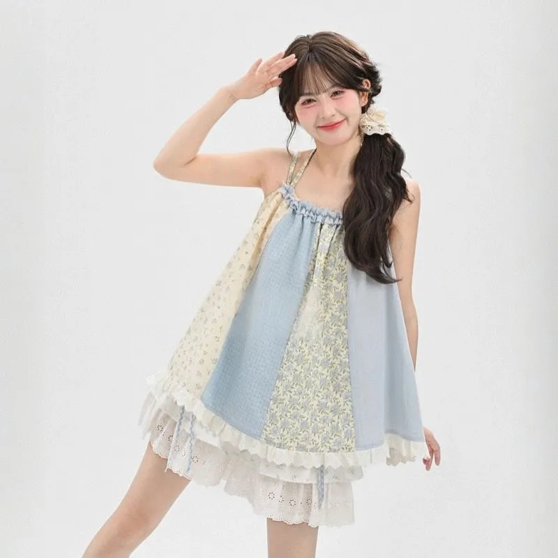 Sweet Girl Style Floral Splicing Suspenders
