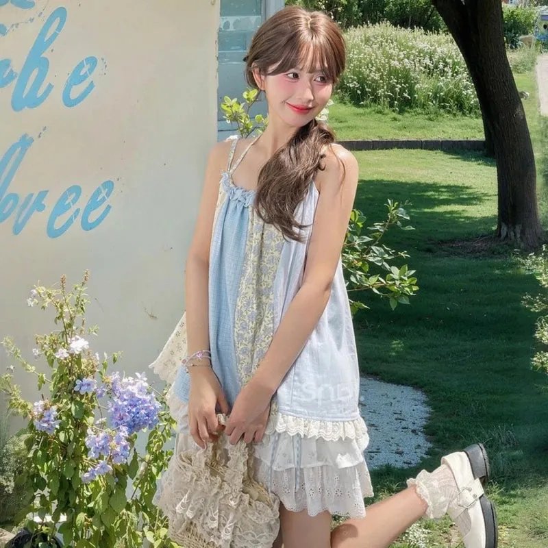 Sweet Girl Style Floral Splicing Suspenders