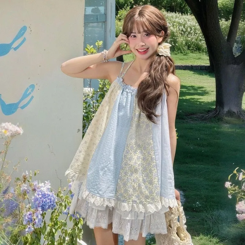 Sweet Girl Style Floral Splicing Suspenders