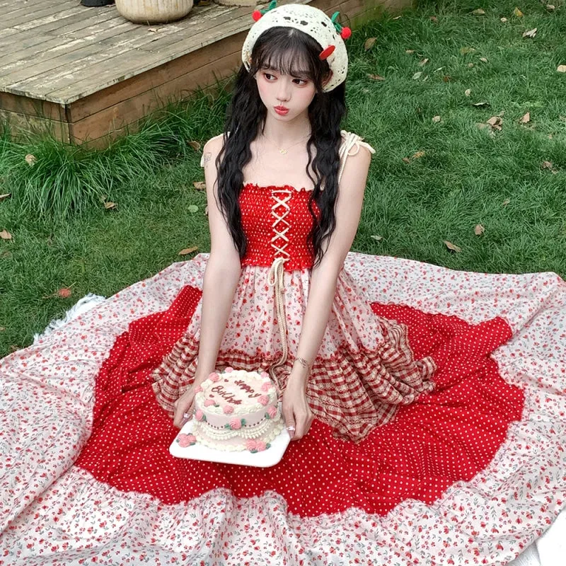 Sweet Girl Style Red Floral Suspender Dress