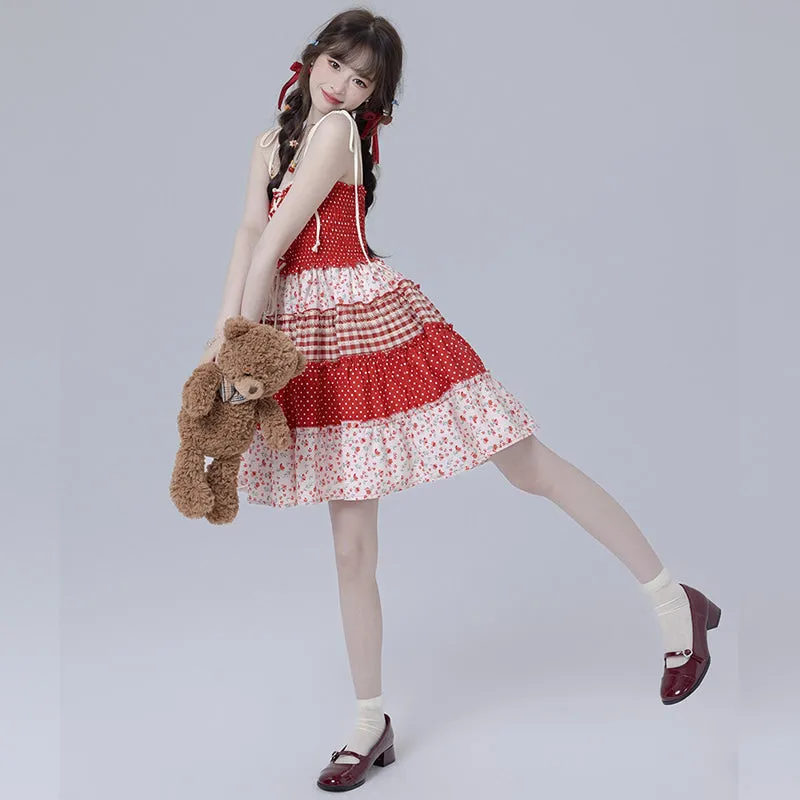 Sweet Girl Style Red Floral Suspender Dress