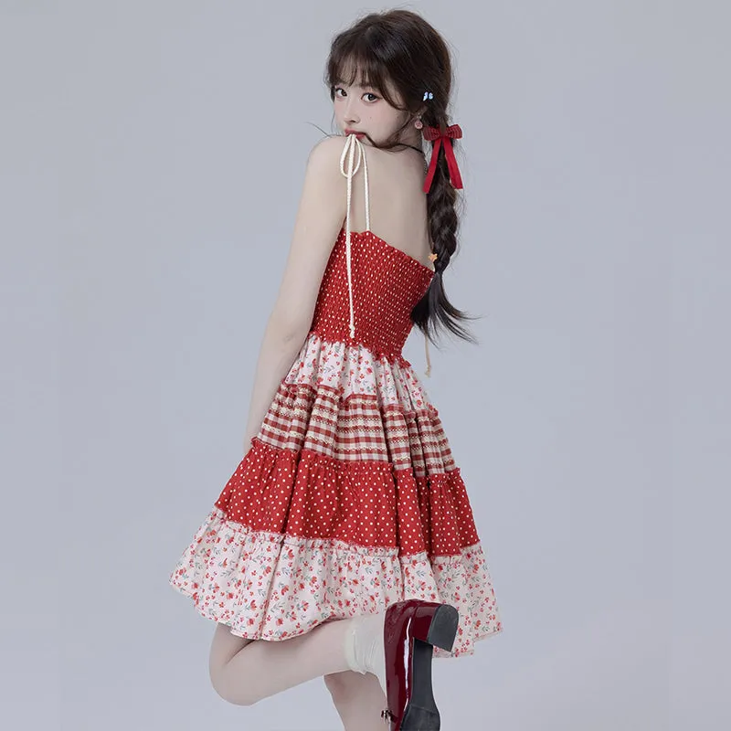 Sweet Girl Style Red Floral Suspender Dress