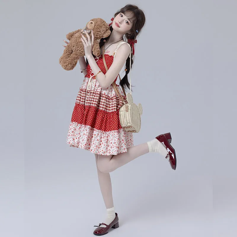 Sweet Girl Style Red Floral Suspender Dress