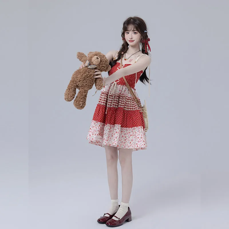 Sweet Girl Style Red Floral Suspender Dress