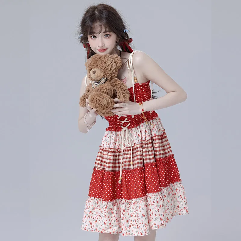 Sweet Girl Style Red Floral Suspender Dress