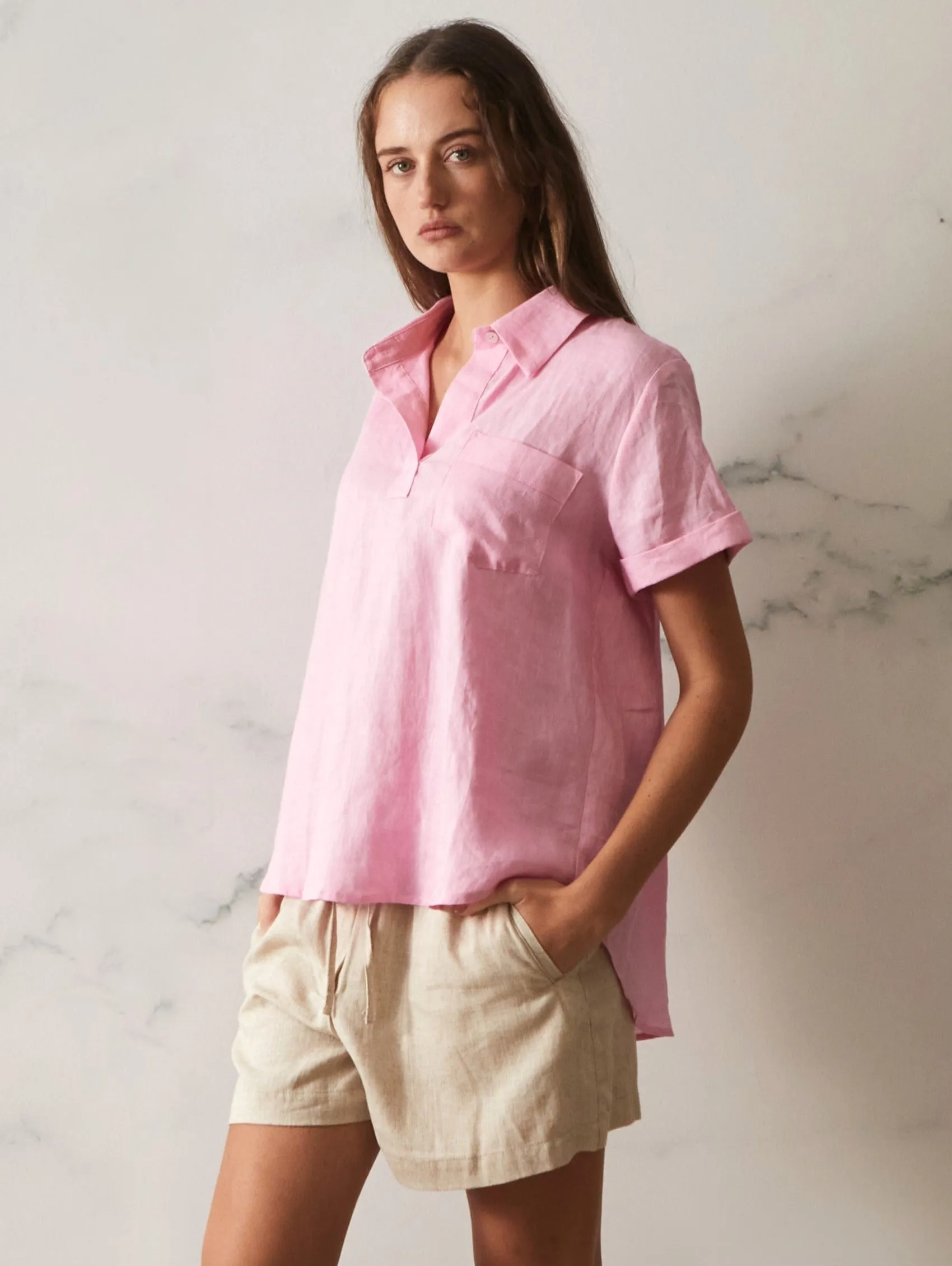 Tia Linen Top - Pink