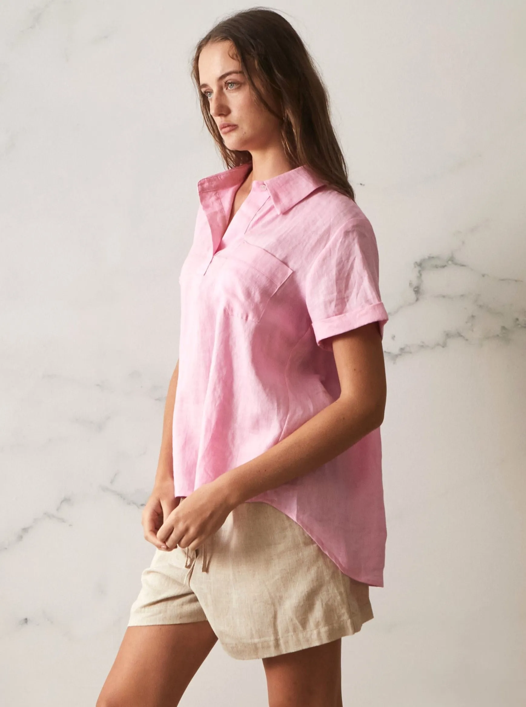 Tia Linen Top - Pink