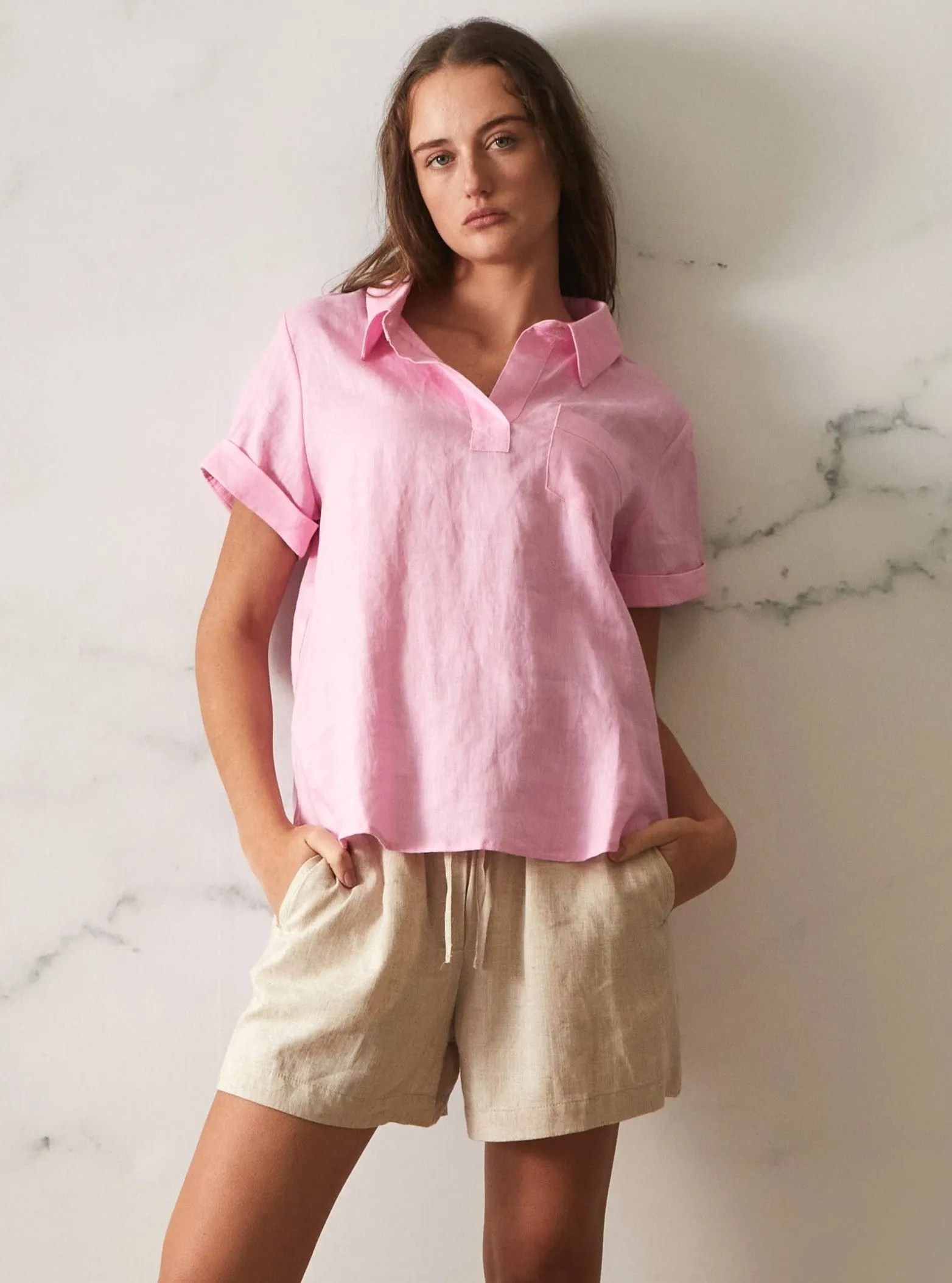 Tia Linen Top - Pink