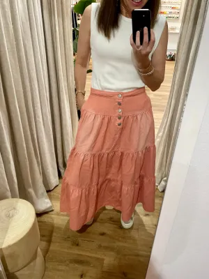 Tiered Denim Maxi Skirt Coral
