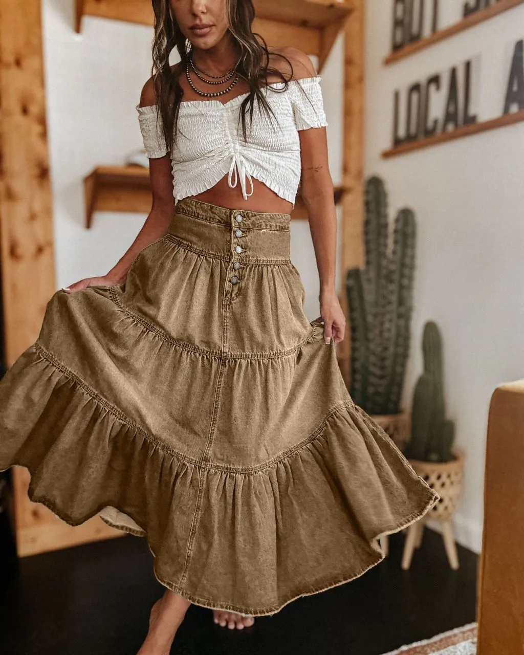 Tiered Denim Maxi Skirt Tan