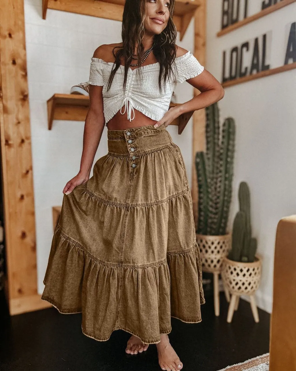 Tiered Denim Maxi Skirt Tan