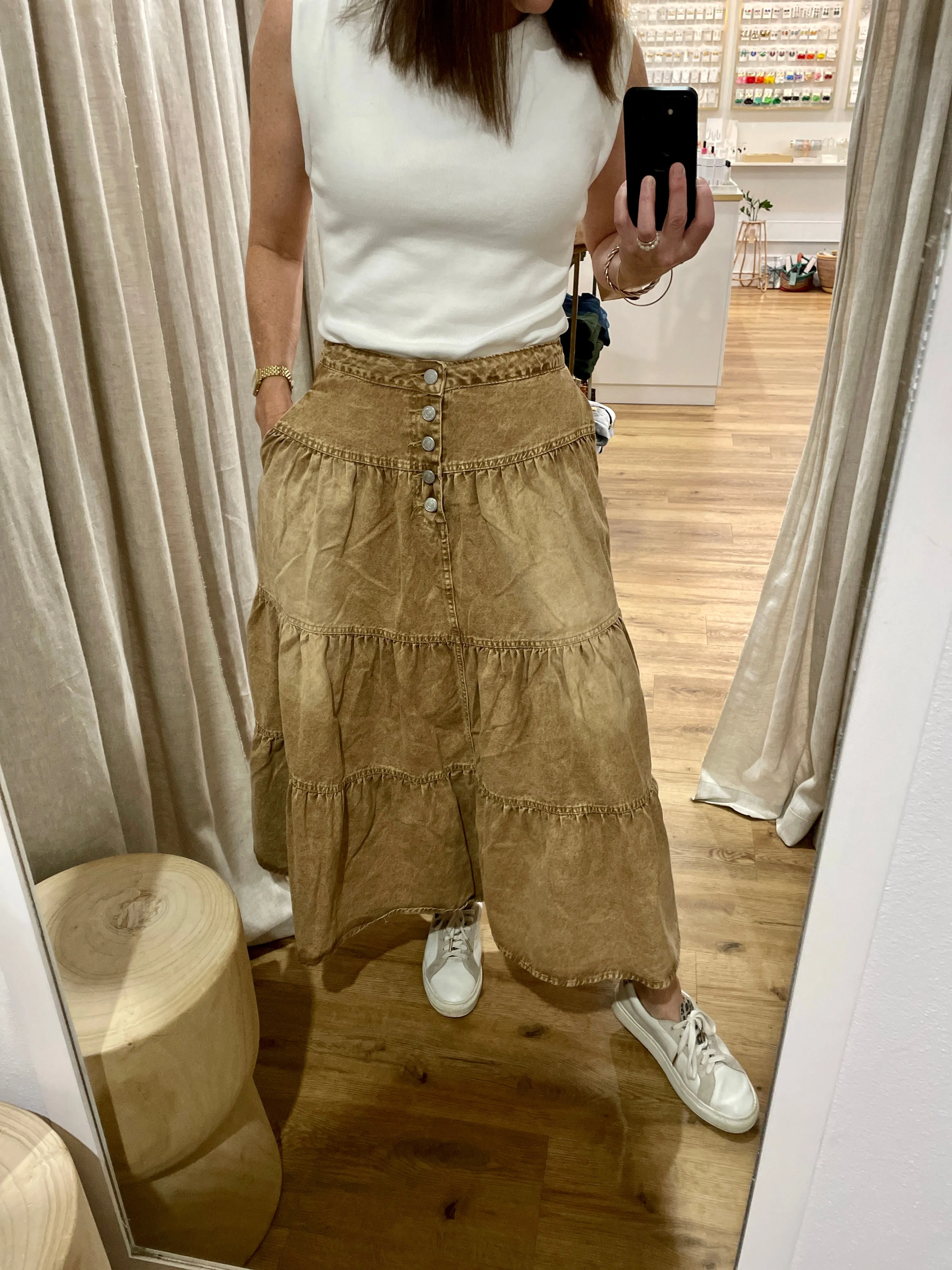 Tiered Denim Maxi Skirt Tan