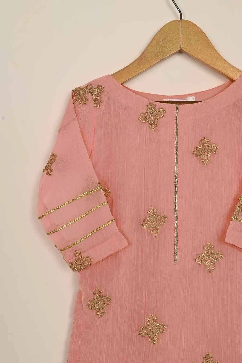 TKF-115- Peach - Kids 3Pc Chiffon Embroidered Dress