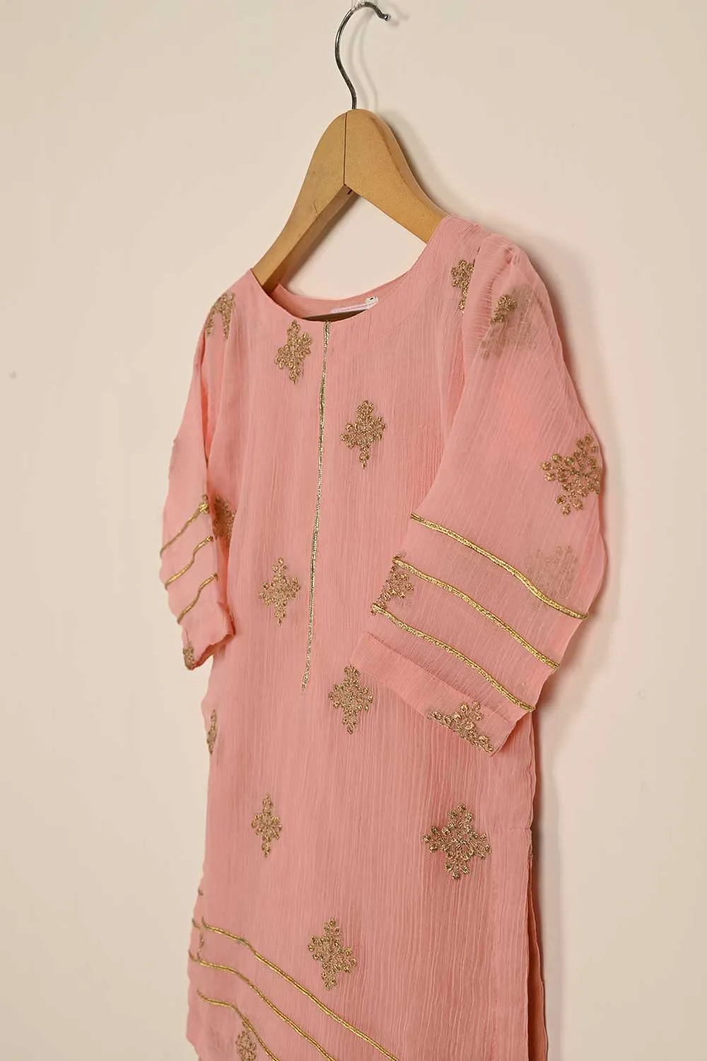 TKF-115- Peach - Kids 3Pc Chiffon Embroidered Dress
