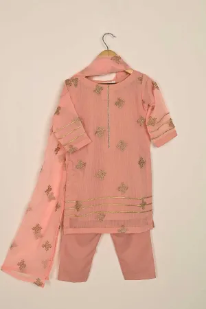 TKF-115- Peach - Kids 3Pc Chiffon Embroidered Dress