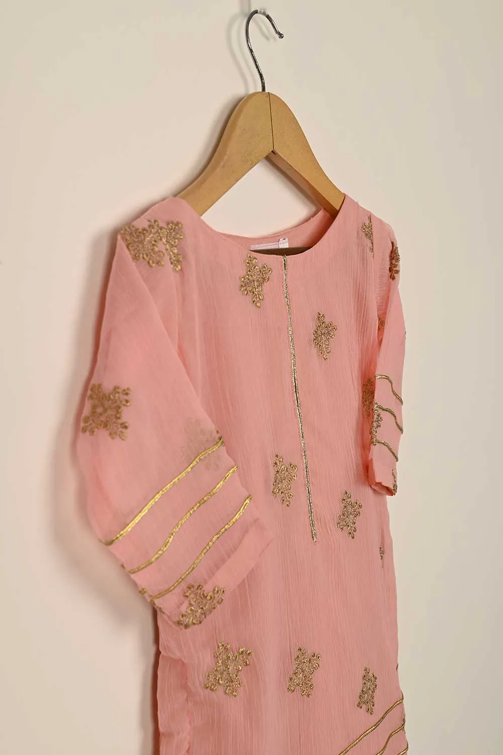 TKF-115- Peach - Kids 3Pc Chiffon Embroidered Dress