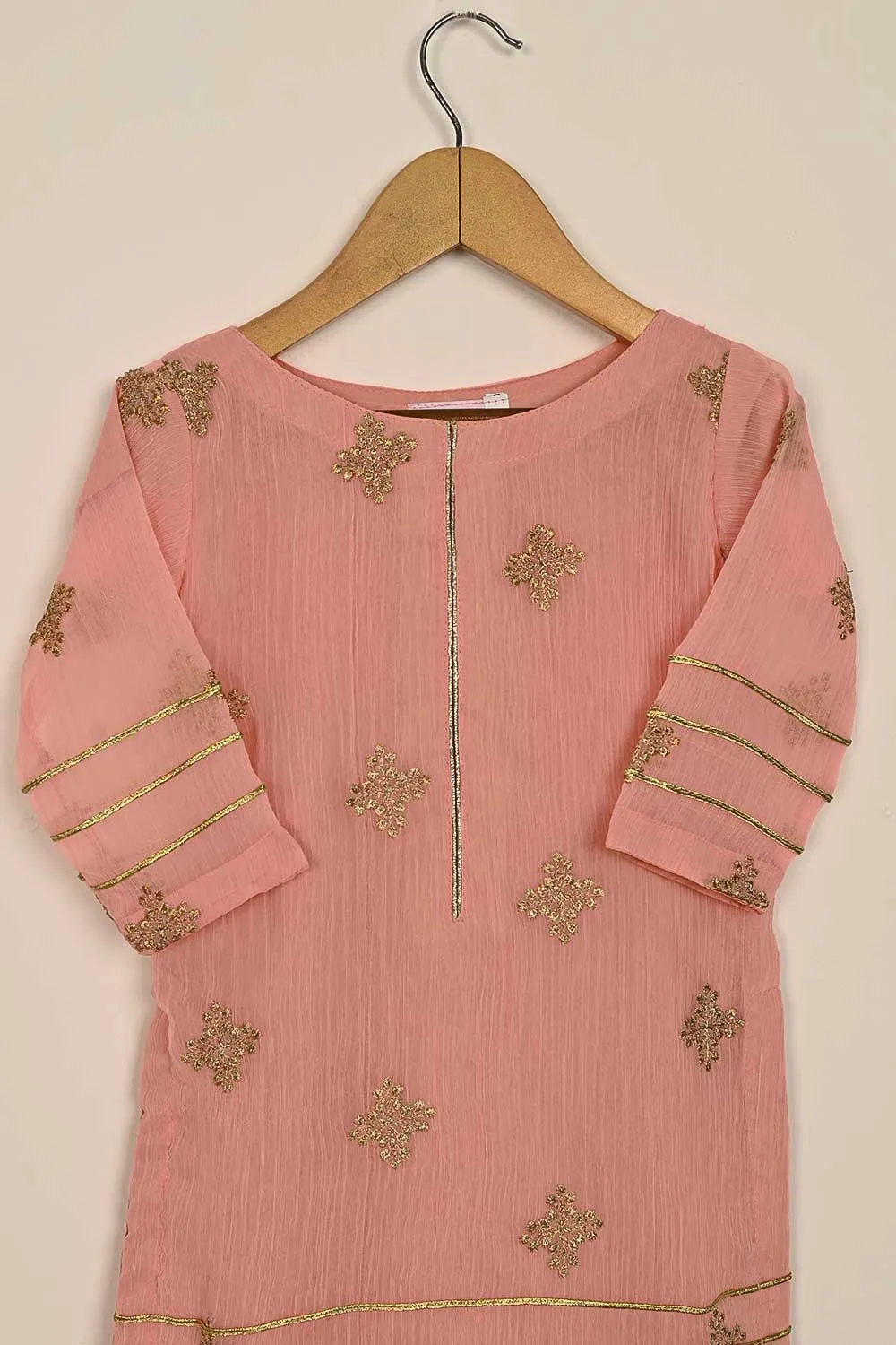 TKF-115- Peach - Kids 3Pc Chiffon Embroidered Dress