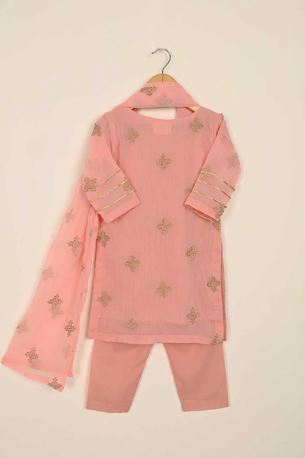 TKF-115- Peach - Kids 3Pc Chiffon Embroidered Dress