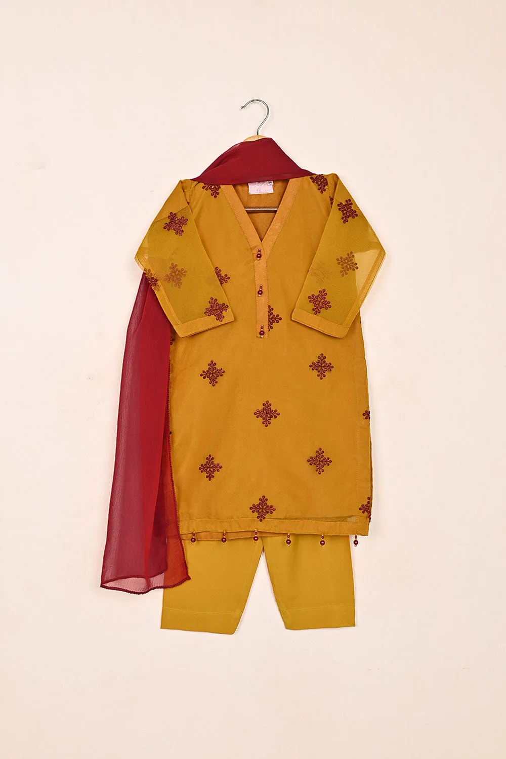 TKF-164-mustard - Kids 3Pc Embroidered Organza Dress
