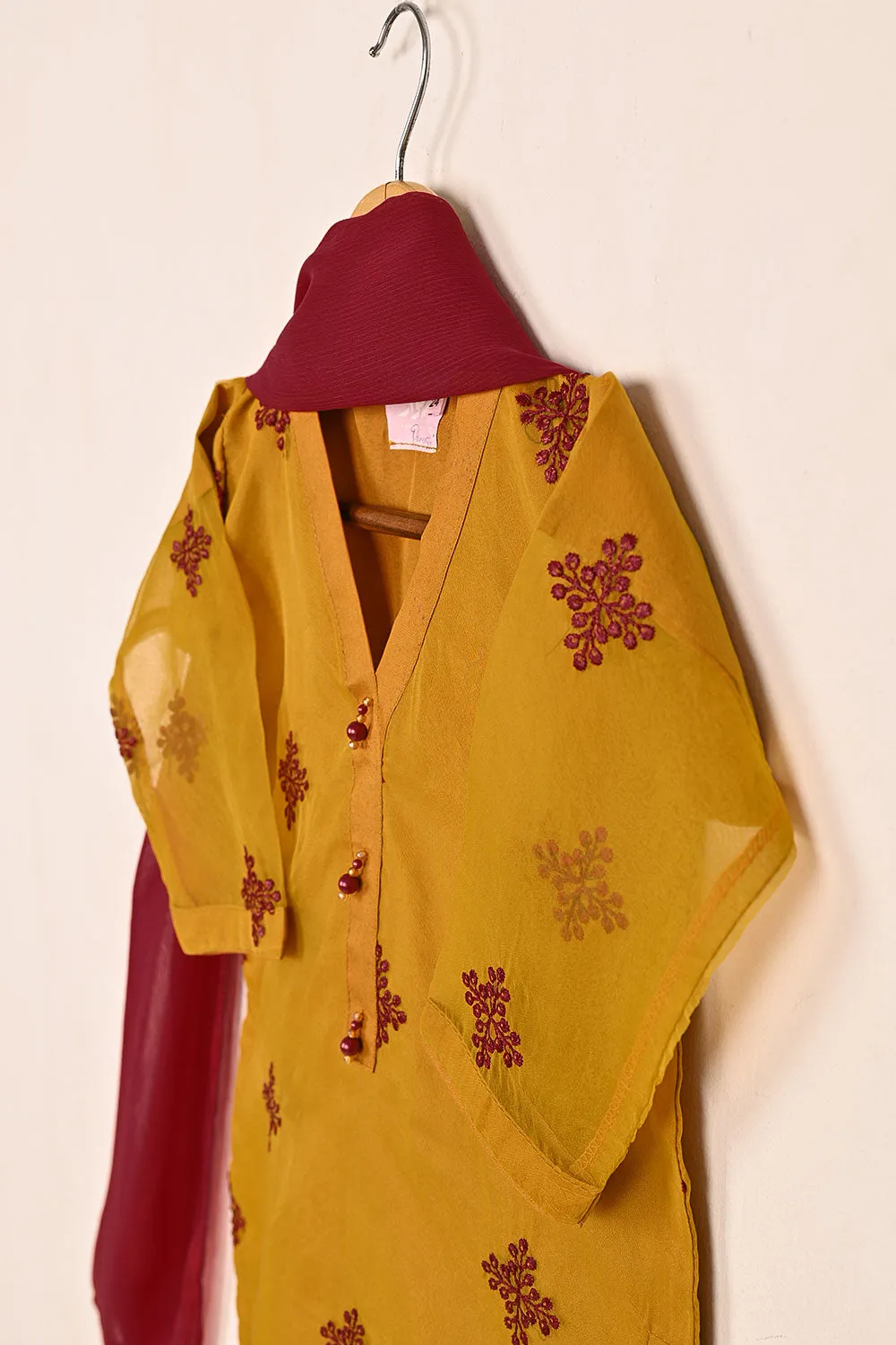 TKF-164-mustard - Kids 3Pc Embroidered Organza Dress