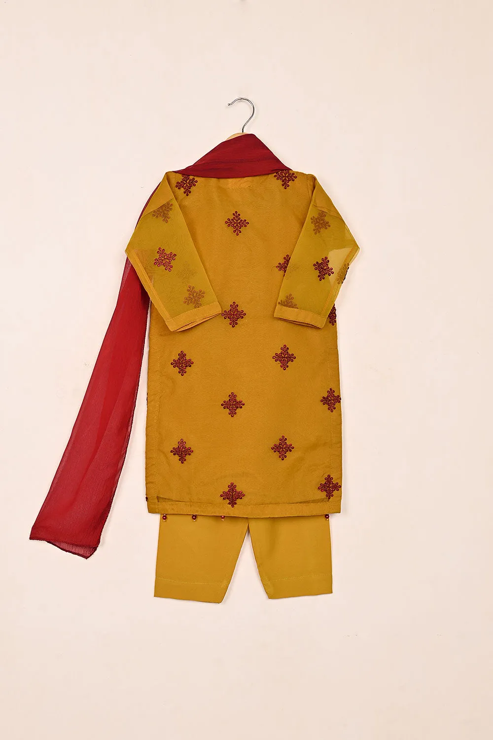 TKF-164-mustard - Kids 3Pc Embroidered Organza Dress