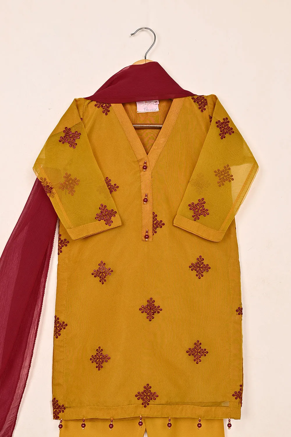 TKF-164-mustard - Kids 3Pc Embroidered Organza Dress