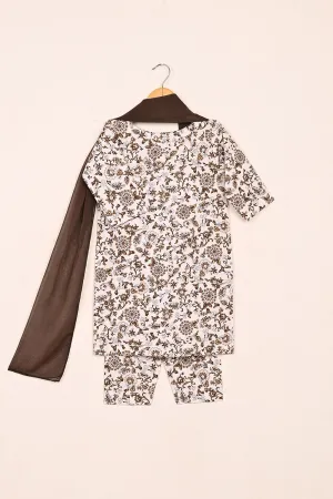 TKF-165-Brown - Kids 3Pc Ready to Wear Digital Printed Cotton Dress