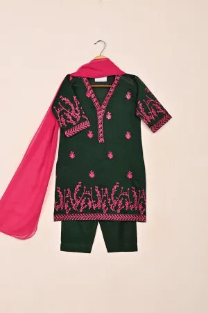 TKF-210-Green - Kids 3Pc Ready to Wear Embroidered Khaddi Fabric Dress