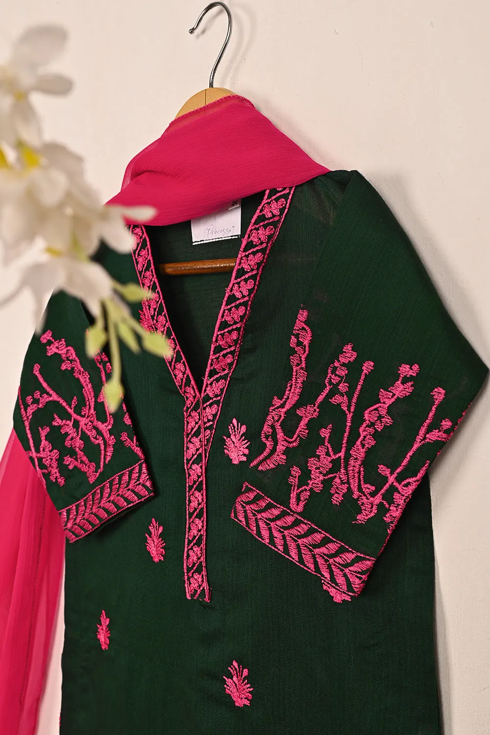TKF-210-Green - Kids 3Pc Ready to Wear Embroidered Khaddi Fabric Dress