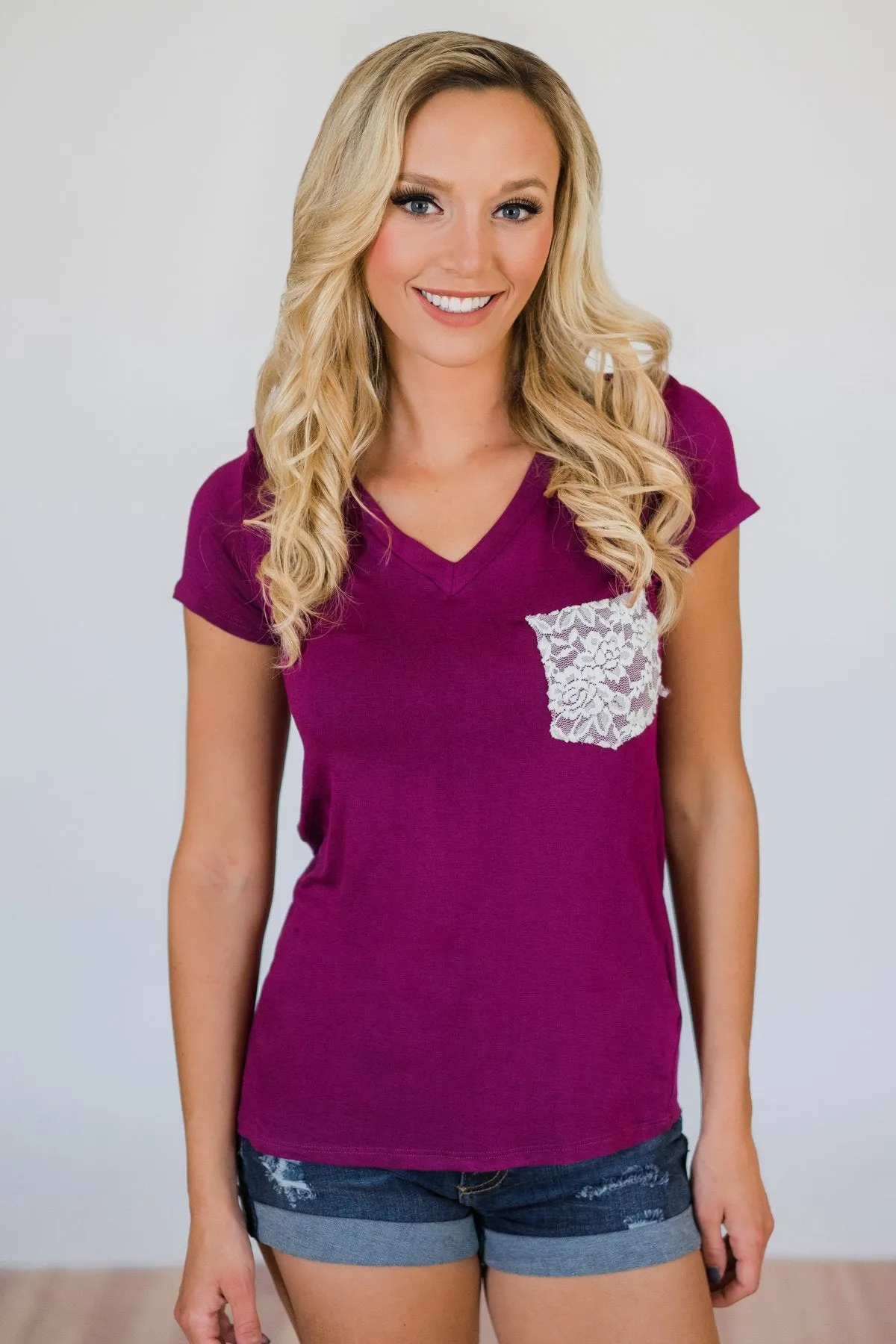 Torn Over You Lace Pocket Top- Magenta