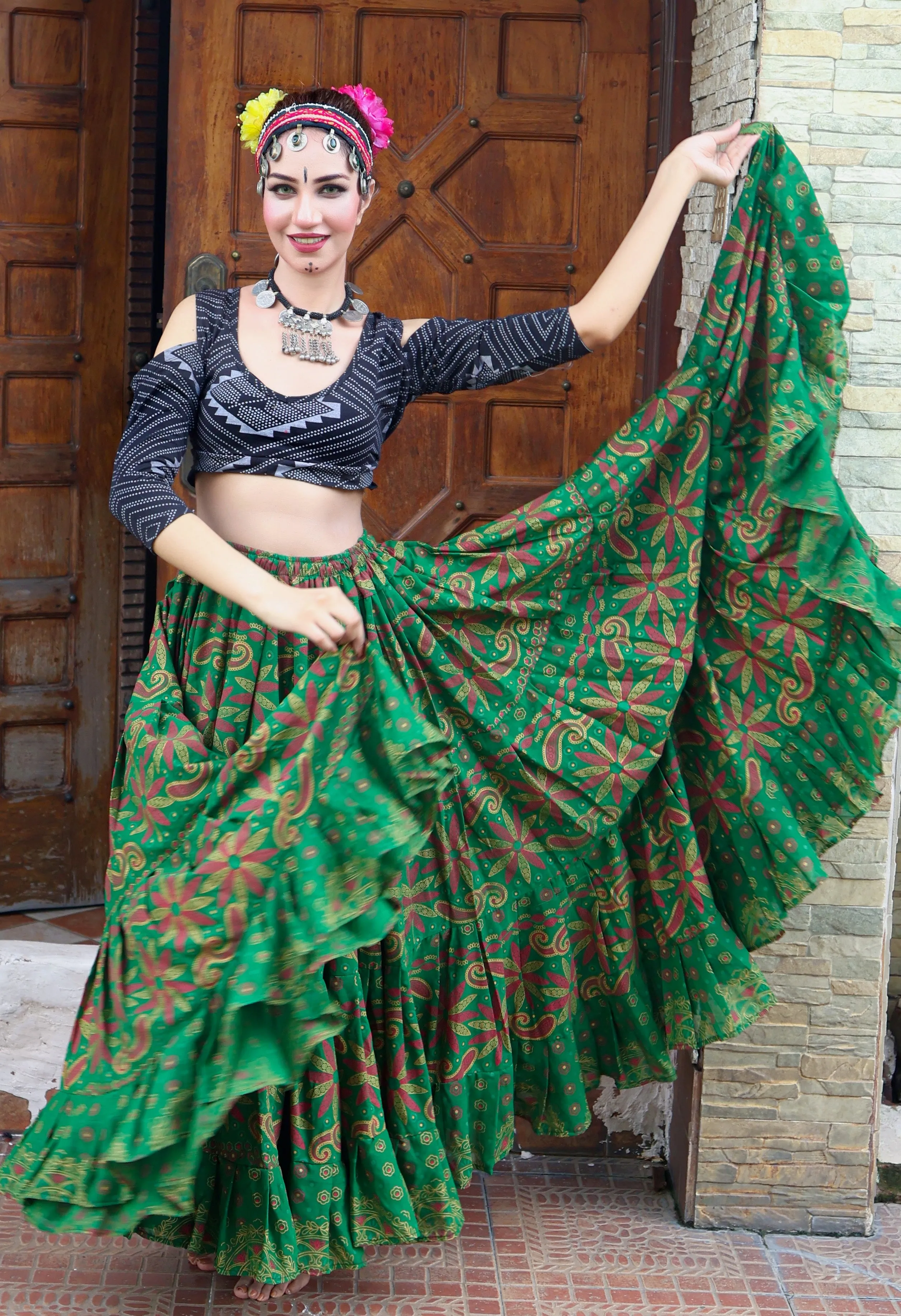 Tribal Block print flower skirt green WLS