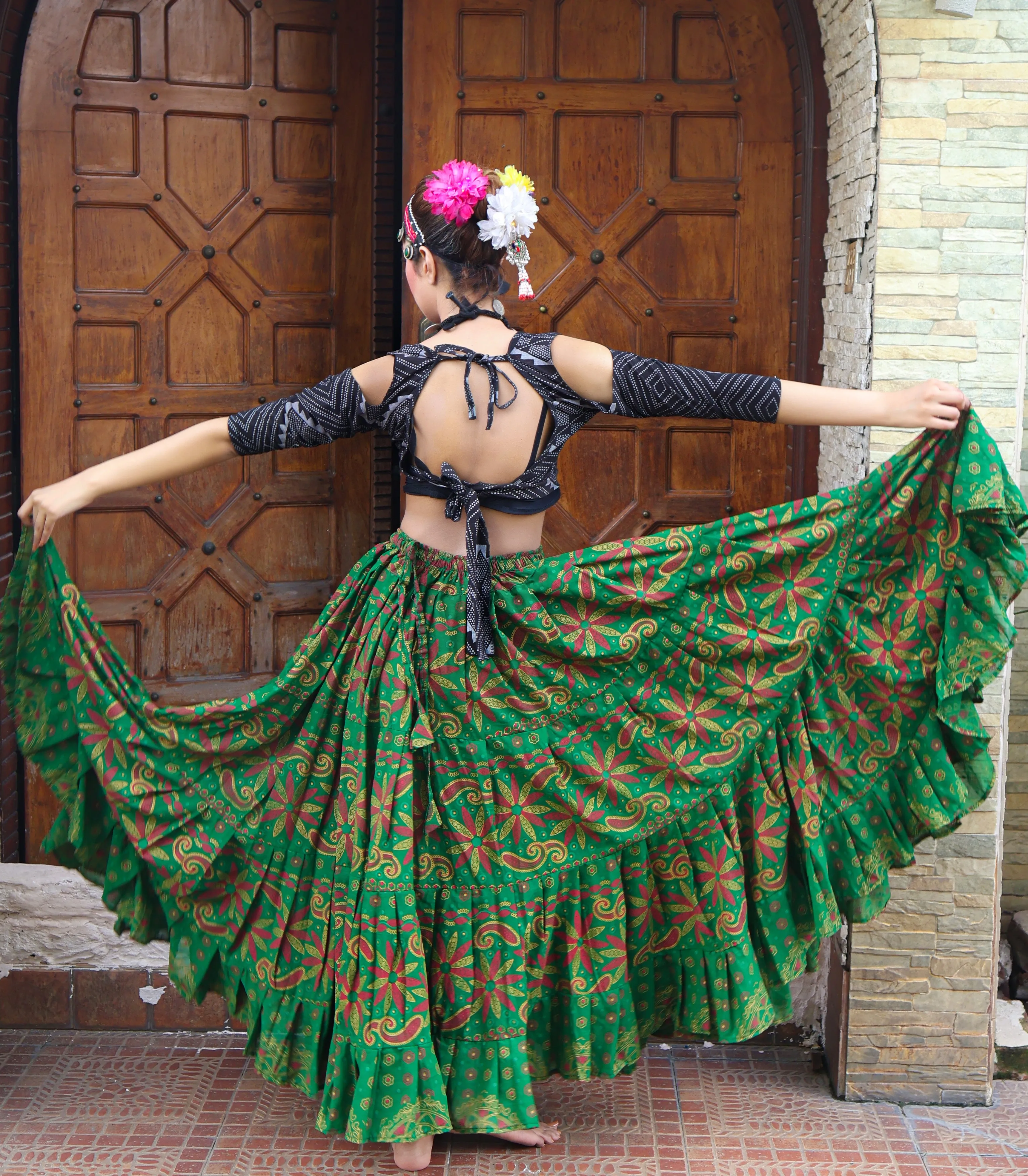 Tribal Block print flower skirt green WLS