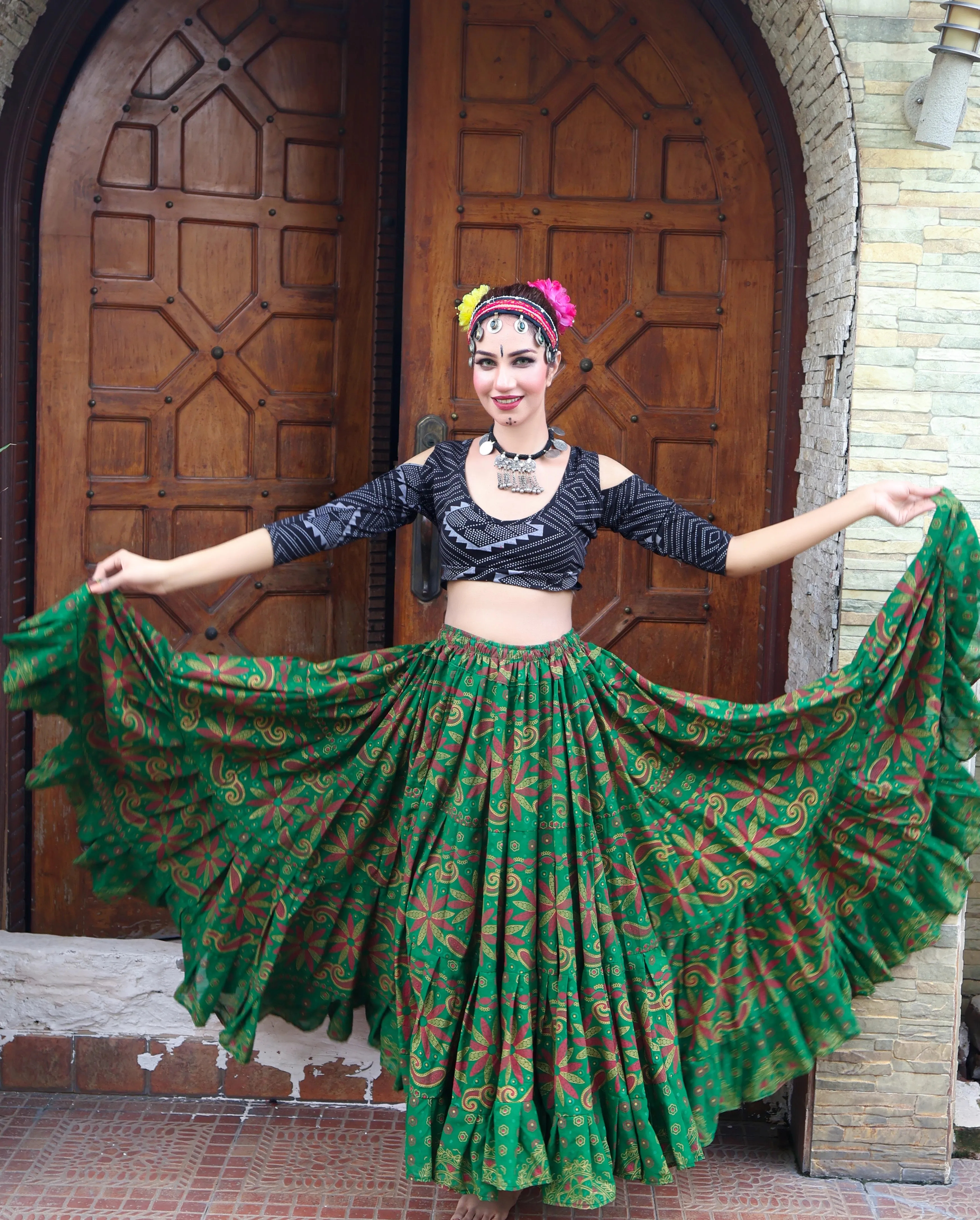 Tribal Block print flower skirt green WLS