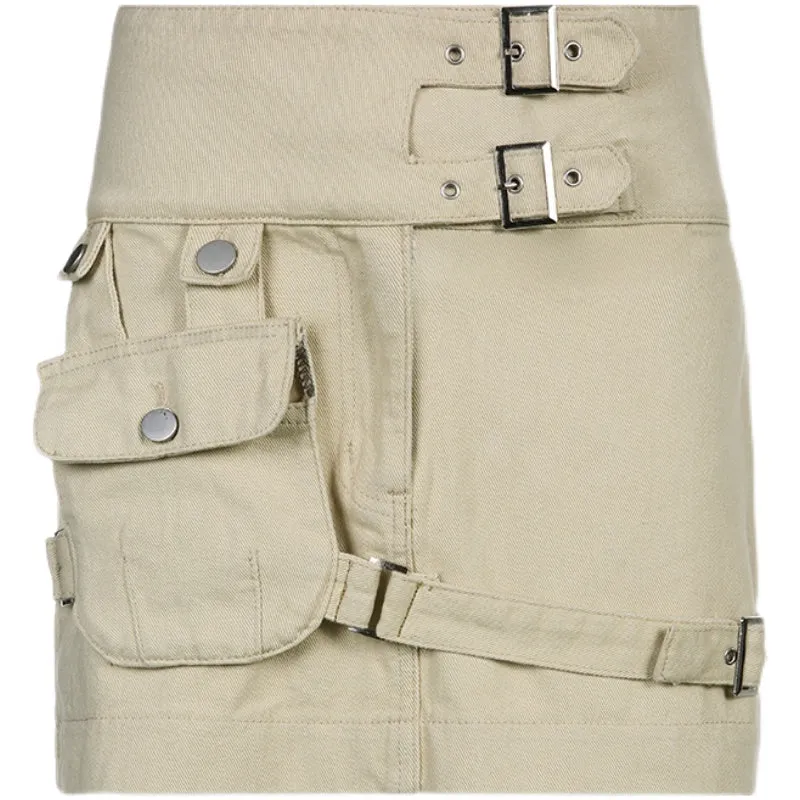 Triple Buckle Khaki Denim Pocket Short Skirt SD01811