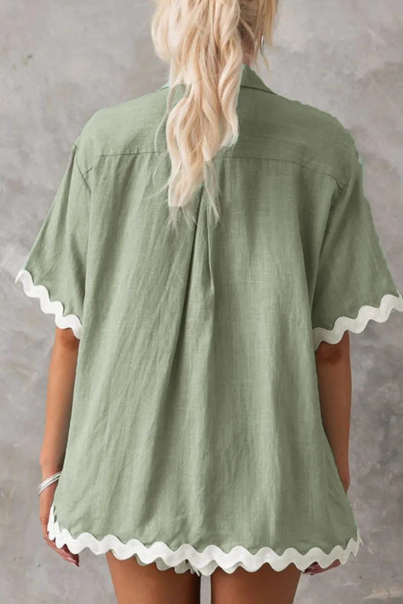 UK615 Lace Trim Short Sleeve Shirt and Shorts Set
