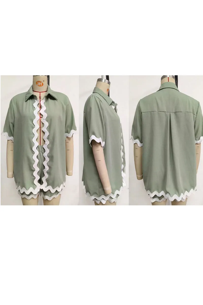 UK615 Lace Trim Short Sleeve Shirt and Shorts Set