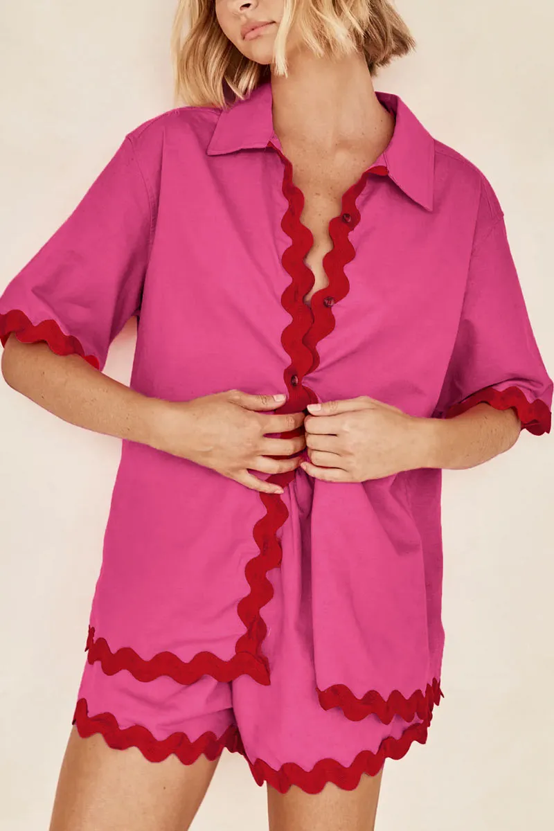 UK615 Lace Trim Short Sleeve Shirt and Shorts Set