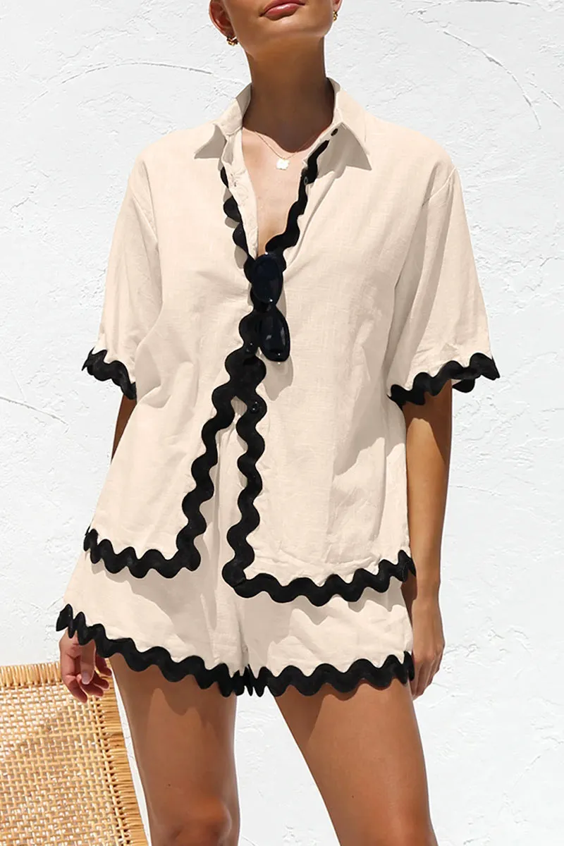 UK615 Lace Trim Short Sleeve Shirt and Shorts Set