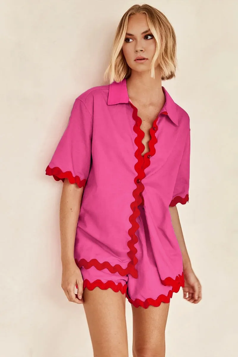 UK615 Lace Trim Short Sleeve Shirt and Shorts Set