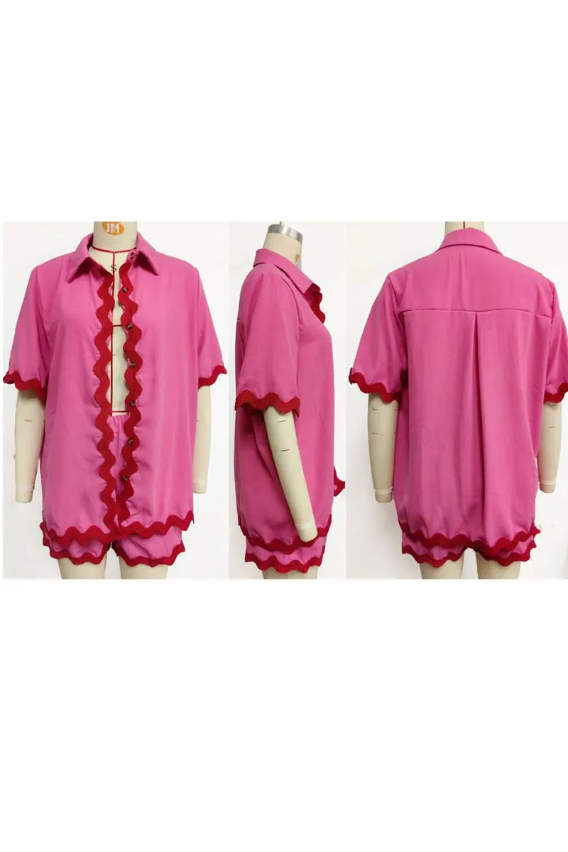 UK615 Lace Trim Short Sleeve Shirt and Shorts Set