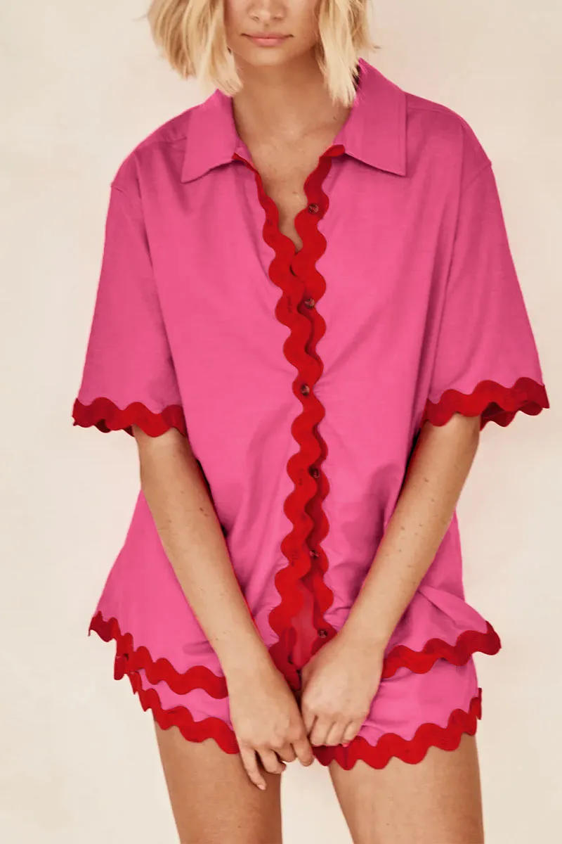UK615 Lace Trim Short Sleeve Shirt and Shorts Set