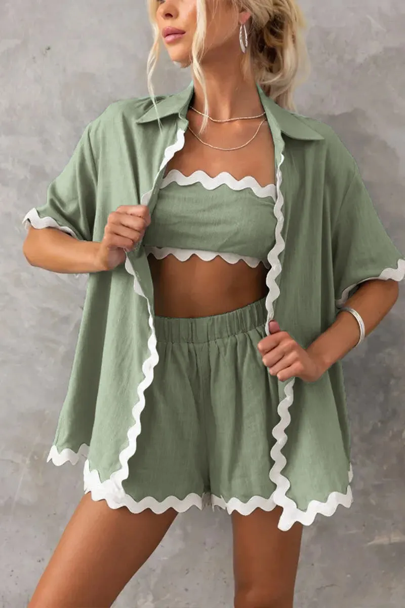 UK615 Lace Trim Short Sleeve Shirt and Shorts Set