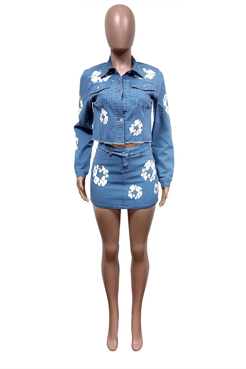 UK699 Denim Graphic Jacket and Skirt Set