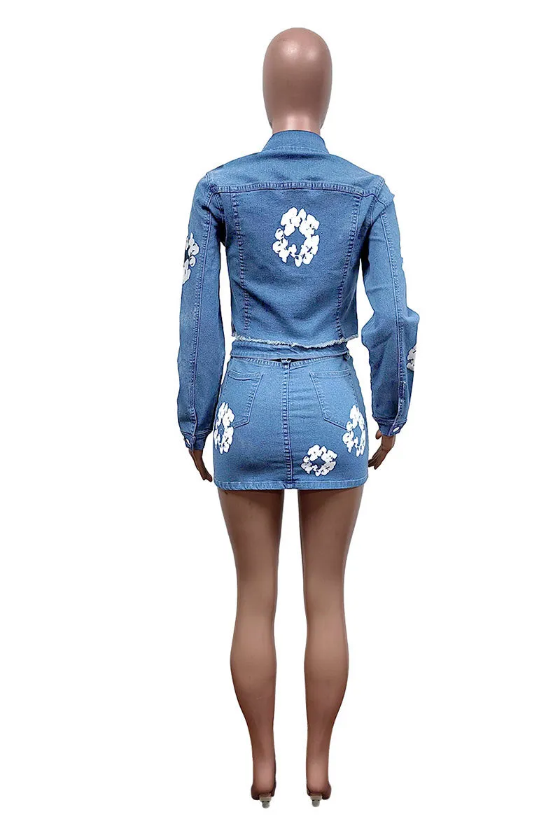 UK699 Denim Graphic Jacket and Skirt Set