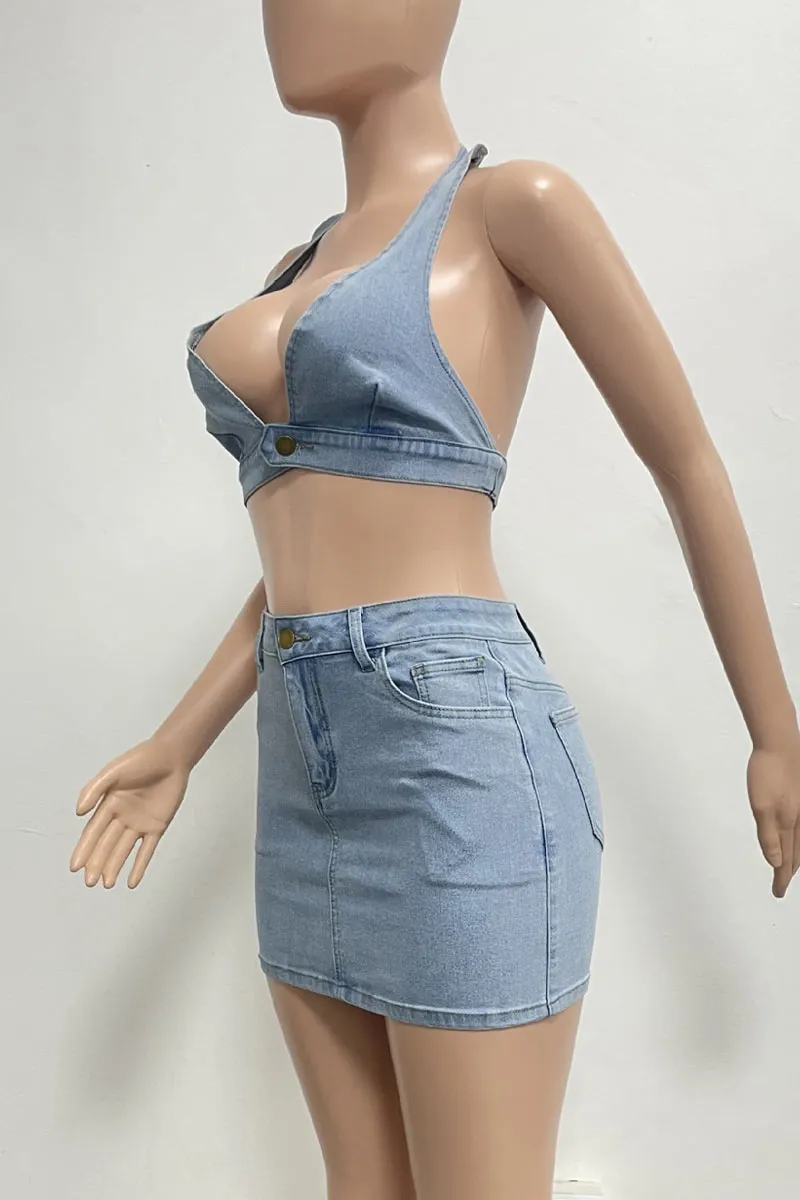 UN0298 Stretch Denim Skirt Set