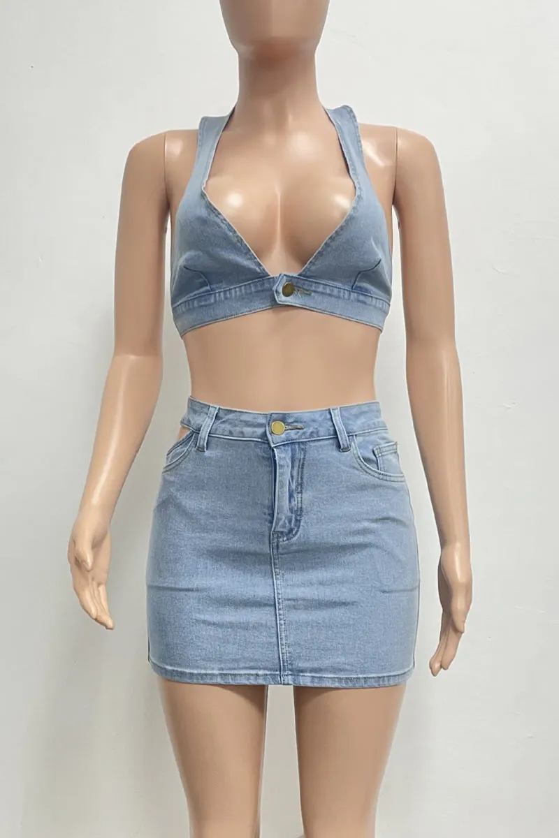UN0298 Stretch Denim Skirt Set
